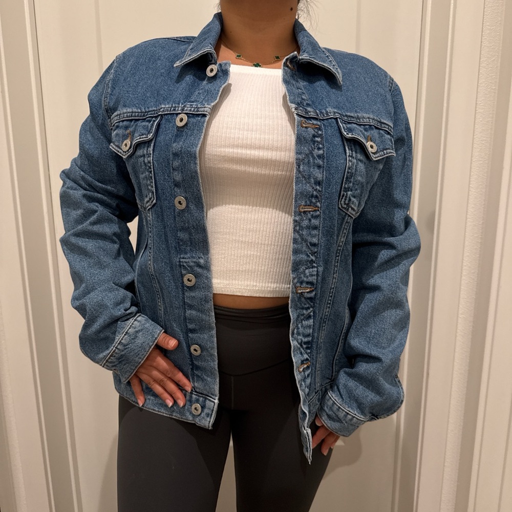 Classic Blue Denim Jacket with White Ribbed Top